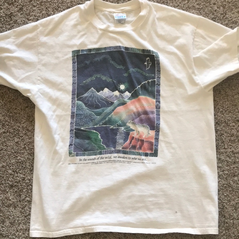 Vintage 90s Psychedelic Wilderness Tee Trippy Nature Woods Wolf Shaman Acid
